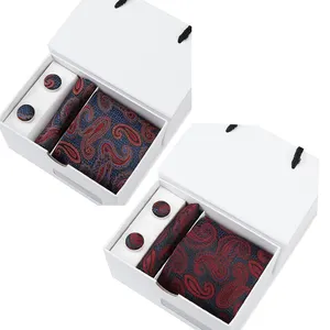 1200 игл красный набор галстуков из полиэстера с Пейсли для мужчин набор галстуков с запонками носовой платок в упаковочной коробке для галстука