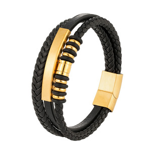 Pulsera de Cuero Trenzado con Barra de Acero Inoxidable para <span class=keywords><strong>Hombre</strong></span>, Pulsera de Cuero Multicapa con Cuentas de Metal Chapadas en PVD de Oro Real de 18K - Product Image 1