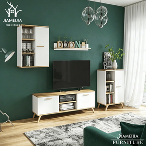 Mueble de TV Moderno <span class=keywords><strong>con</strong></span> Panel de Madera Blanca, Centro de Entretenimiento <span class=keywords><strong>con</strong></span> Estante para Libros y Gabinete de Pared, Venta al Por Mayor - Product Image 1