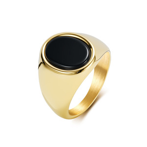 Simple oval <b>titanium</b> steel gemstone <b>ring</b> with geometric design, men's minimalist style, high-end feel, colorfast jewelry. - Product Image 5
