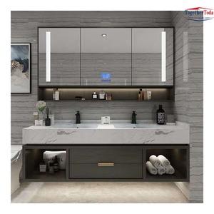 Conjunto de Muebles de Baño de Estilo Minimalista con Encimera de Piedra Sintética, Lavabo Doble Integrado y Gabinete con Espejo LED - Product Image 1