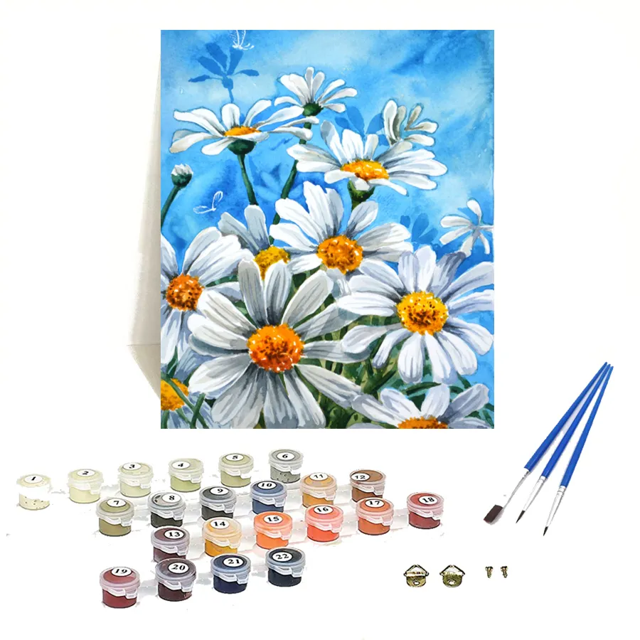 Drofe TZ6226 DIY margaritas blancas flor pintura al óleo crisantemo pintura por números en lienzo enmarcado al por mayor