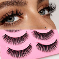 Cils noirs à bandes, longueurs mixtes naturelles 14mm, bande transparente invisible, effet œil de chat, faux cils en fourrure 3D, réutilisables - Faits à la main 0.03mm