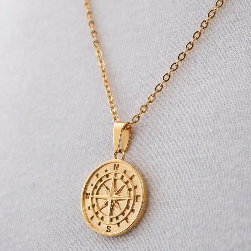 2023 New Design Wholesale 18k Gold Plated Coin Jewelry Stainless Steel North Star Compass Pendant Necklace