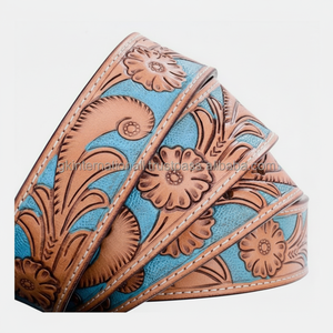 High Quality One Piece Single Ply construction <b>belt</b> floral embossed hand carving and painting western leather <b>tooling</b> <b>belt</b> - Product Image 1