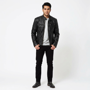 Wholesale High Quality <b>Mens</b> Genuine <b>Bike</b> Leather <b>Jacket</b> Stand Up Collar Fashionable Top Quality Leather <b>Jacket</b> For <b>Men</b> - Product Image 1