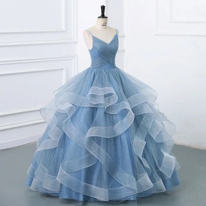 Sky Blue Ball Gown Evening Dress Strapless Empire Waist Ruffles Formal Party Wear - Product Image 3