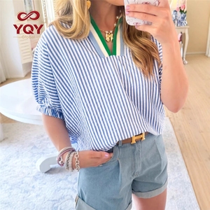 Camicia a maniche corte a righe con scollo a V e colori a contrasto, top casual da <span class=keywords><strong>donna</strong></span>, <span class=keywords><strong>blusa</strong></span> in maglia rilassata per la primavera e l'estate - Product Image 3