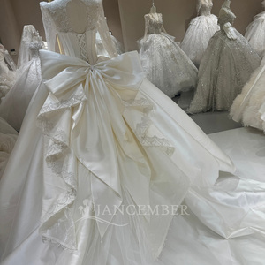 Dw0238 Regal High Neck Lace Illusion Long Sleeve Boned Corset Plain Ivory Satin Ball Gown <b>Wedding</b> Dress Jancember - Product Image 4