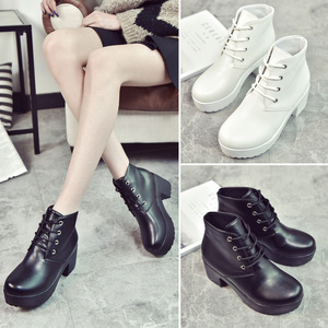 Botines de Mujer al por Mayor, Otoño, Punta Redonda, Negro Blanco, Estilo Europeo Americano, Impermeables, <span class=keywords><strong>Plataforma</strong></span>, Cordones Delanteros, Tacón Grueso - Product Image 2