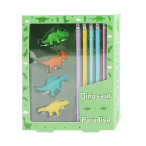 Soododo Dinosaur Paradise Dinosaur Shape 3D Rubber Erasers Back to School Children's Pencils and Eraser Stationery Set