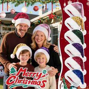 Paillettes Paillettes Noël Père Noël Chapeau Hommes Femmes Enfants Velours Extra Épaissir Long Moelleux <span class=keywords><strong>Pompon</strong></span> Nouvel An Xmas Sparkly Santa Cap - Product Image 1