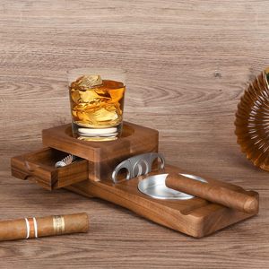 Bandeja de madera al por mayor para cigarros y whisky, soporte de madera maciza para cigarros, bandeja con ranuras, set de accesorios para cigarros y whisky - Product Image 1