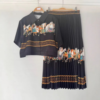 Ensemble deux pièces pour femme : chemise courte en coton à manches trois-quarts à imprimé géométrique vintage et jupe plissée taille haute au-dessus du genou avec poches