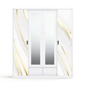 Armoire en acier imprimé avec miroir, 4 portes coulissantes et tringle de suspension - Product Image 1