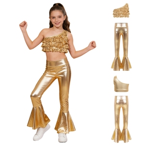 6-16 Kids Girls Stage Costumes <b>Dance</b> Performance Costume Crop Top With Bell-Bottom Metallic <b>Pants</b> Sets Stage Show Themed Parties - Product Image 2