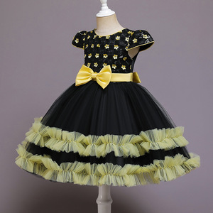 Childrens Dress Black Yellow Floral Sequin Tulle Skirt Bow Belt Princess Costume For Girls 5-7 Years Spring 2022 - Product Image 2
