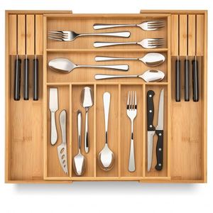 Expandable Utensil Holder and Cutlery Tray Bamboo Cutlery Tray Kitchen Drawer Organizer with Divider and <b>Removable</b> Knife Block - Product Image 1