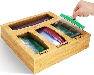 Bamboo Food Storage Bag Holder Ziplock Bag Storage Organizer and Dispenser for Kitchen Drawer