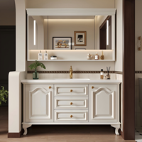 Meuble-lavabo sur pied personnalisable en bois massif de luxe moderne, avec vasque en céramique écologique et éclairage LED tactile, pour hôtels et appartements