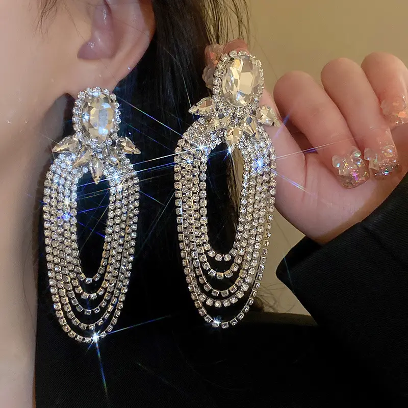 fashion long chain chandelier earrings crystal rhinestone drop