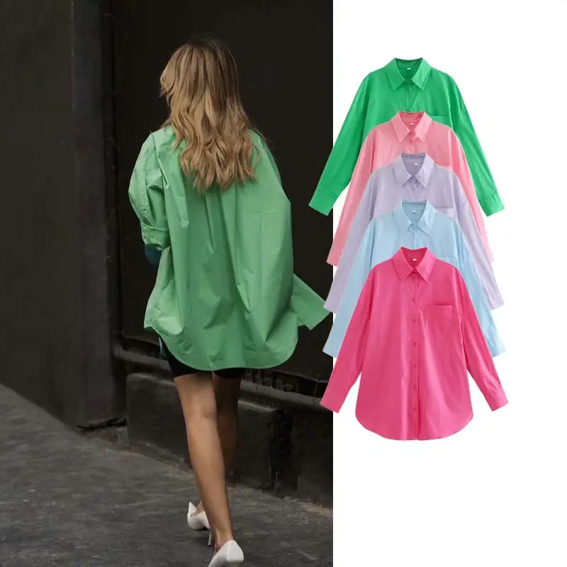 2022 Women Chic Green Oversized Long Autumn Shirts Solid Single Button Casual Blouses Long Sleeve Elegant Mujer Tops