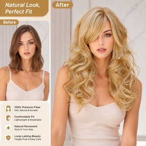 Perruque longue ondulée dégradée blond doré, <span class=keywords><strong>frange</strong></span> latérale, résistante à la chaleur, cheveux synthétiques, densité 150%, pour usage quotidien féminin, directement de l'usine - Product Image 2