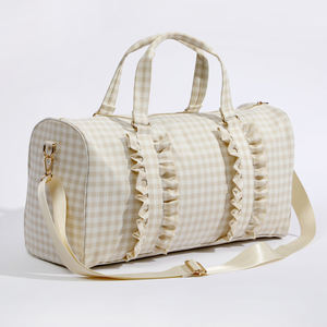 Factory Low MOQ 5 Colors Ruffled Cute Gingham Pattern <strong>Women</strong> <strong>Holdall</strong> Overnight Weekend Duffle Gym Duffel Bag Ruffle Travel Bags - Product Image 5