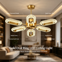 Plafonnier LED radial moderne de luxe à 6 bras, lampe encastrée dorée avec abat-jour texturé en maille diamantée pour salon, villa