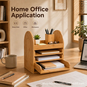 Boîte de rangement en bois 34x23.5x37cm, organisateur de bureau multicouche pour bureau, support de documents et de livres - Product Image 4