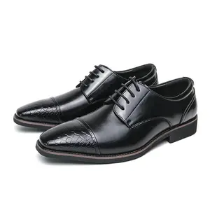 AMPLE Oxford Zapatos de vestir de cuero negro con cordones y punta en pico pulida de color estilo coreano para hombre