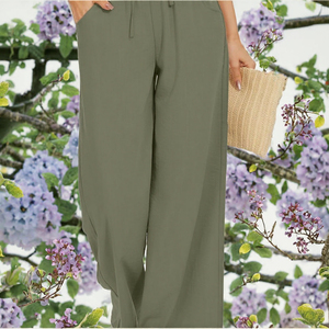 Pantalones anchos para mujer, cintura elástica con cordón, ajuste holgado, longitud completa, pantalones casuales de verano - Product Image 2