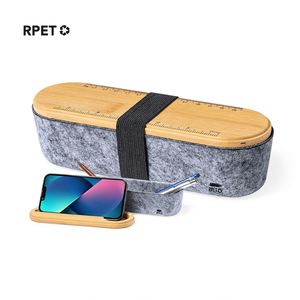 Trousse de bureau promotionnelle écologique personnalisable avec logo, corps en feutre PET, couvercle en bambou, support de téléphone et fonction règle - Product Image 3
