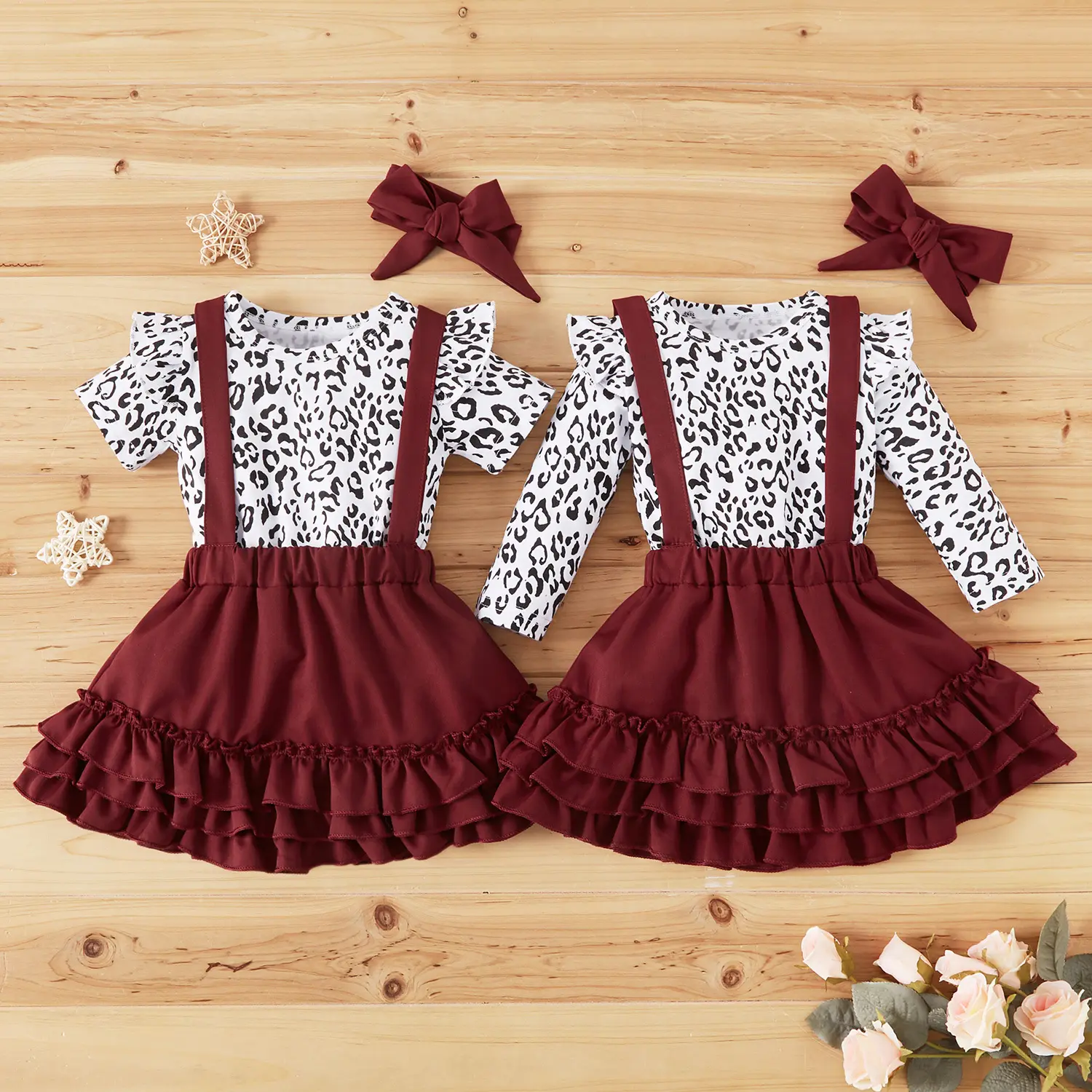 Summer Baby Set Leopard Print Romper Wine Red Suspender Skirt And Hair Accessories 3pcs Girls Set