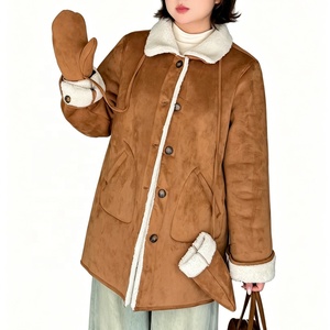 Zeyu Women Camel Faux Suede Shearling <strong>Coat</strong> Mid-Length Button Down Winter Warm Fleece Lined Jacket with Detachable Mitten Cuffs - Product Image 3