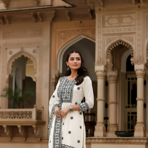 Ropa informal de moda india para mujer, Kurta larga bordada de Kutch de algodón con trabajo de espejo con borde de encaje Palazzo y Gota Dupatta - Product Image 1