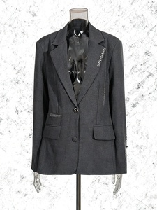 A11210 <span class=keywords><strong>Blazer</strong></span> <span class=keywords><strong>Grigio</strong></span> da <span class=keywords><strong>Donna</strong></span>: Giacca Formale Oversize con Cuciture a Contrasto - Capospalla Elegante per Ufficio/Casual - Product Image 2