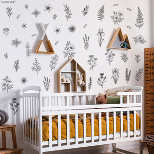 Adesivi murali in bianco e nero con line art di piante e fiori, adesivi murali autoadesivi per decorare il soggiorno e la parete di fondo della casa. - Product Image 3