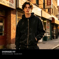 Hoodie Zip Up Oversize 350G Bahan Washed Drop Shoulder Vintage Streetwear Custom Print OEM ODM Grosir EU