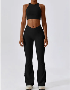 Logo personnalisé pour femmes Gym Fitness Workout Yoga Crop Top & Pantalon de survêtement à jambes larges V Cut Évasé Ensemble de yoga deux pièces avec motif solide - Product Image 2