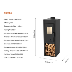R0602A 6.2kw Poêle à <span class=keywords><strong>bois</strong></span> écologique, fin et grand, chauffage domestique intérieur, cheminée en acier noir, poêle à <span class=keywords><strong>bois</strong></span> - Product Image 3