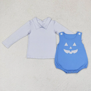 Conjunto de 2 piezas de camisa de manga larga con aplique de cara de calabaza de Halloween y pelele para bebés (niñas y niños), en algodón rosa y azul, al por mayor - Product Image 4