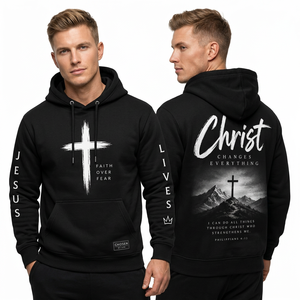 เสื้อฮู้ดดี้คริสเตียนผู้ชาย สีดำ พิมพ์ลายกากบาท คำว่า Faith Fear ดีไซน์กระเป๋าเสื้อ ทรงปกติ ใส่ได้ทุกวันในฤดูหนาว เป็นมิตรกับสิ่งแวดล้อม ระบายอากาศได้ดี สไตล์สตรีทแวร์ - Product Image 1