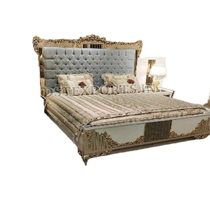 Lit King Size au design traditionnel turc Mobilier de chambre à coucher de luxe au design décent Lit couronne King Size classique en or blanc poli - Product Image 1