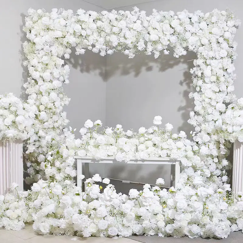Customized 2.4*2.4m wedding square arch flowers decoration white wedding background rose baby's breath flower ball arch row