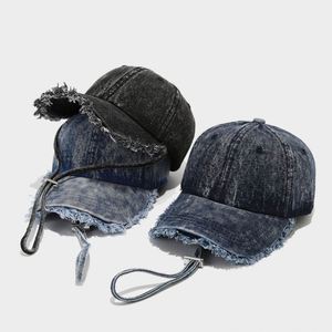 Fashion Women Trendy Raw Fringe Bill Spring Summer Faded Denim Baseball Caps Outdoor Street Sun <b>Hat</b> with Wind Rope - Product Image 6