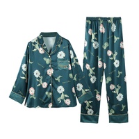 Nouveaux designs pyjamas dames vert foncé deux pièces imprimé pyjamas femmes Satin soie impression florale vêtements de nuit
