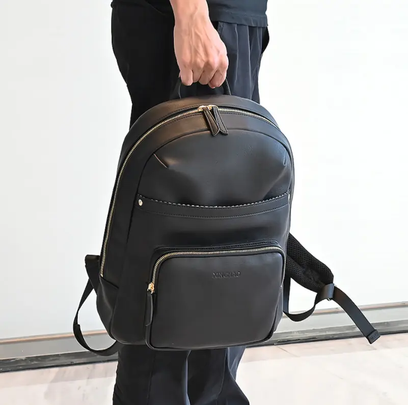 customized fashion men's backpack designer black slim vegan PU leather bags laptop travel work office backpack for men