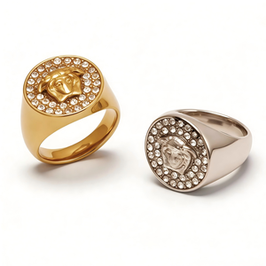 Anillo Redondo de Lujo con Cabeza de Medusa, Chapado en Oro de 24K, con Cristales Incrustados, Anillo Grueso para Hombre y Mujer, Joyería al por Mayor, Antideslustre, Acero Inoxidable 316L - Product Image 1