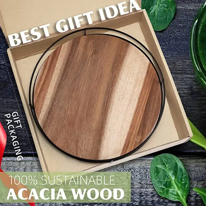 12.5" Acacia Wood Lazy Susan Turntable Kitchen Organizer Turntable with Steel Sides 360 Degree Turntable Countertop Cabinet